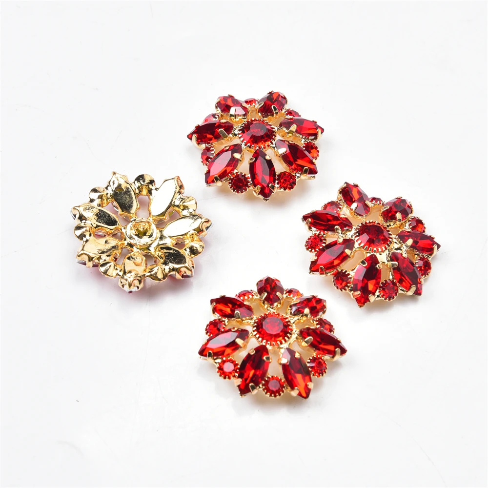 5Pcs Red Color Rhinestone Buttons For Clothing Knit Cardigan Horse Eye Crystal Flower Metal Shank Buckle Diy Sewing Decorative