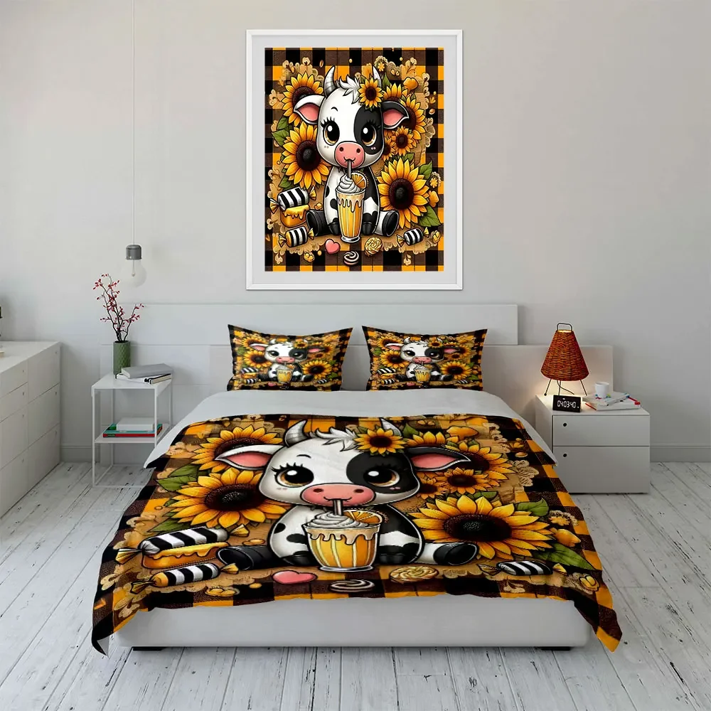 Cute Cow Sunflower Set Decoration Multiple sizes kid's and adults' bedroom Exquisite 3PC bedding set, gift