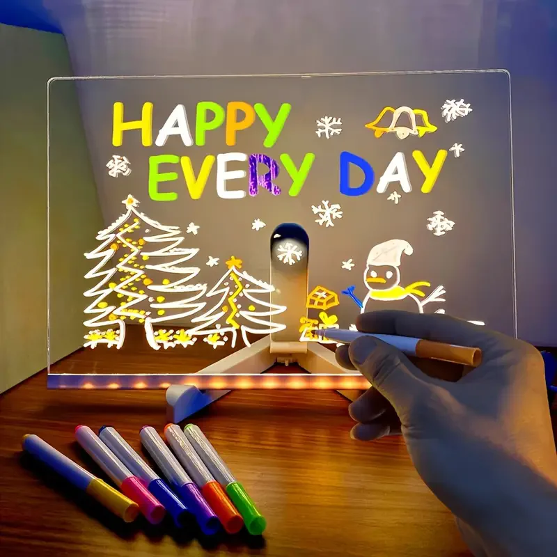 لوحة ملاحظات LED ضوء ليلي مع 7 أقلام ملونة يمكنك صنعها بنفسك لوحة رسائل أكريليك قابلة للمسح لوحة رسم هدية عيد ميلاد للأطفال