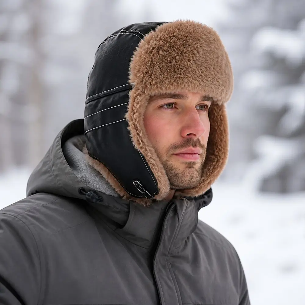 New Faux Fur Lining Trapper Hat Fastening Chin Strap Waterproof Earflap Hat Warm Bomber Hat Cycling