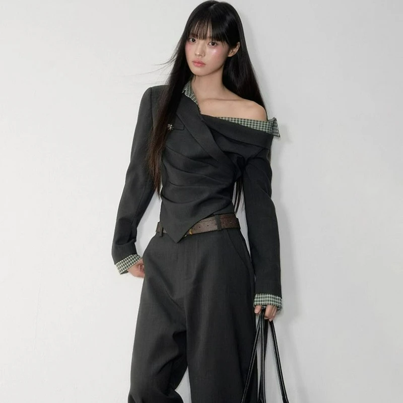 

Осень 2026, новый стиль, короткий топ с завязкой на талии, американская клетчатая рубашка с открытыми плечами, искусственная рубашка из двух частей с длинными рукавами для женщин