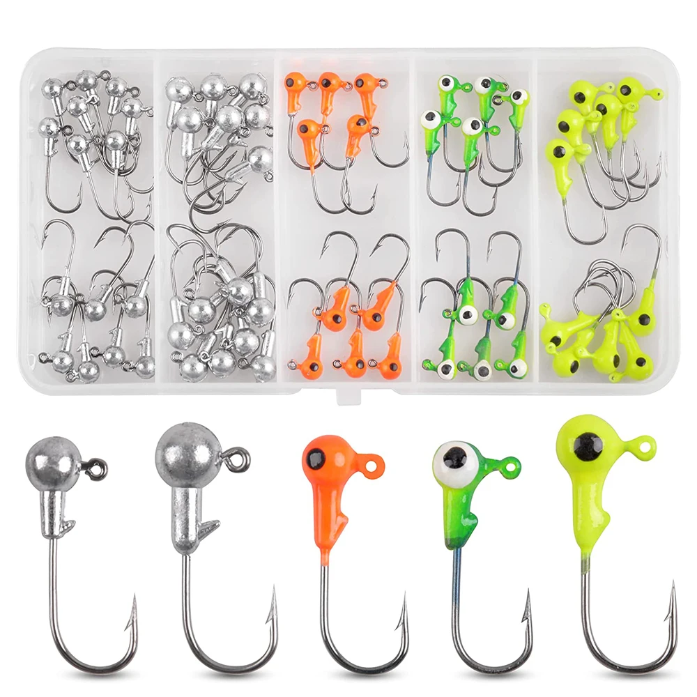 

Набор крючков с шариковой головкой, 60 шт., Круглые головки, рыболовные крючки для червя, ассортимент для ловли окуня, форели, пресной воды, соленой воды