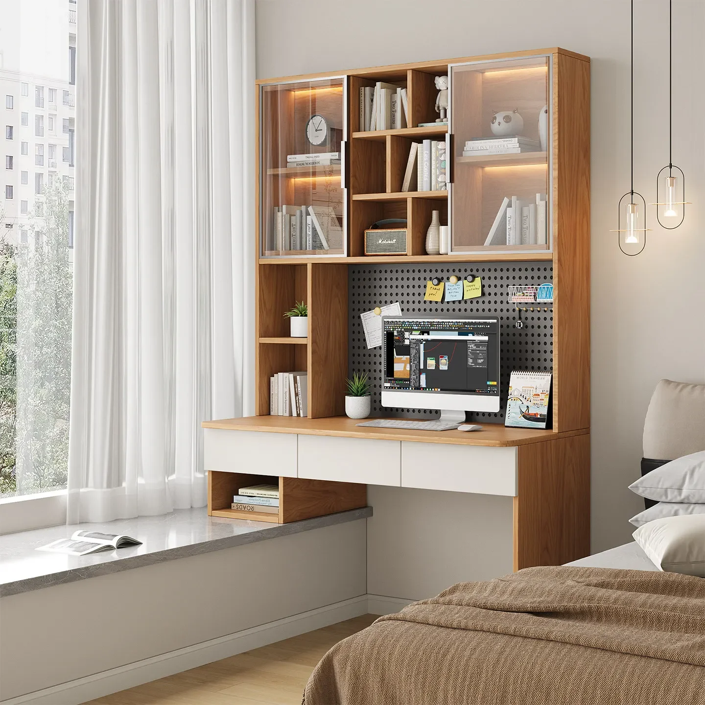 bay window desk bookshelf integrated household student computer desk glass locker bedroom window sill desk customization
