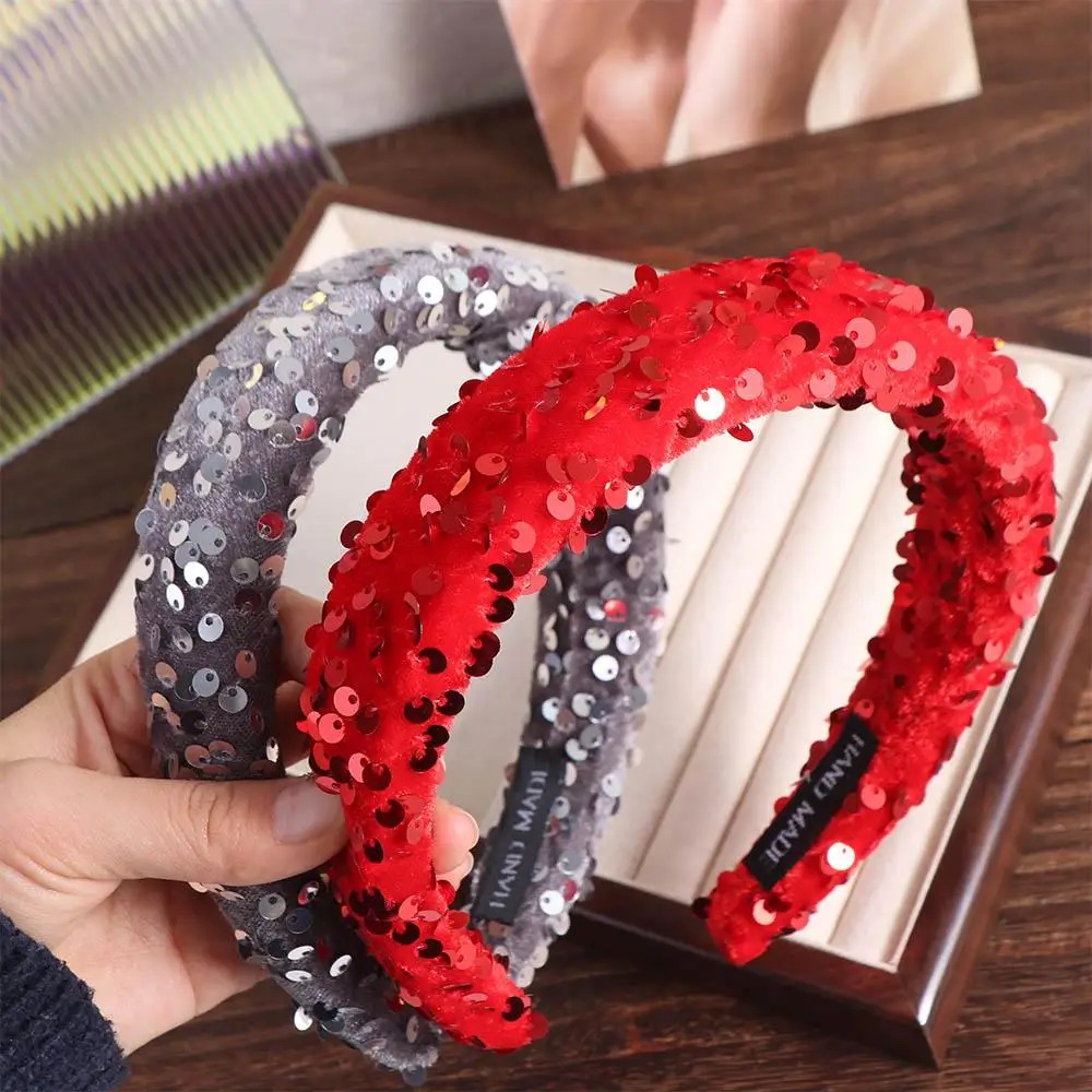 Mode Effen Kleur Pailletten Hoofdband Fluwelen Brede Brede Haarband Plastic Haaraccessoires Spons Haarband Dames