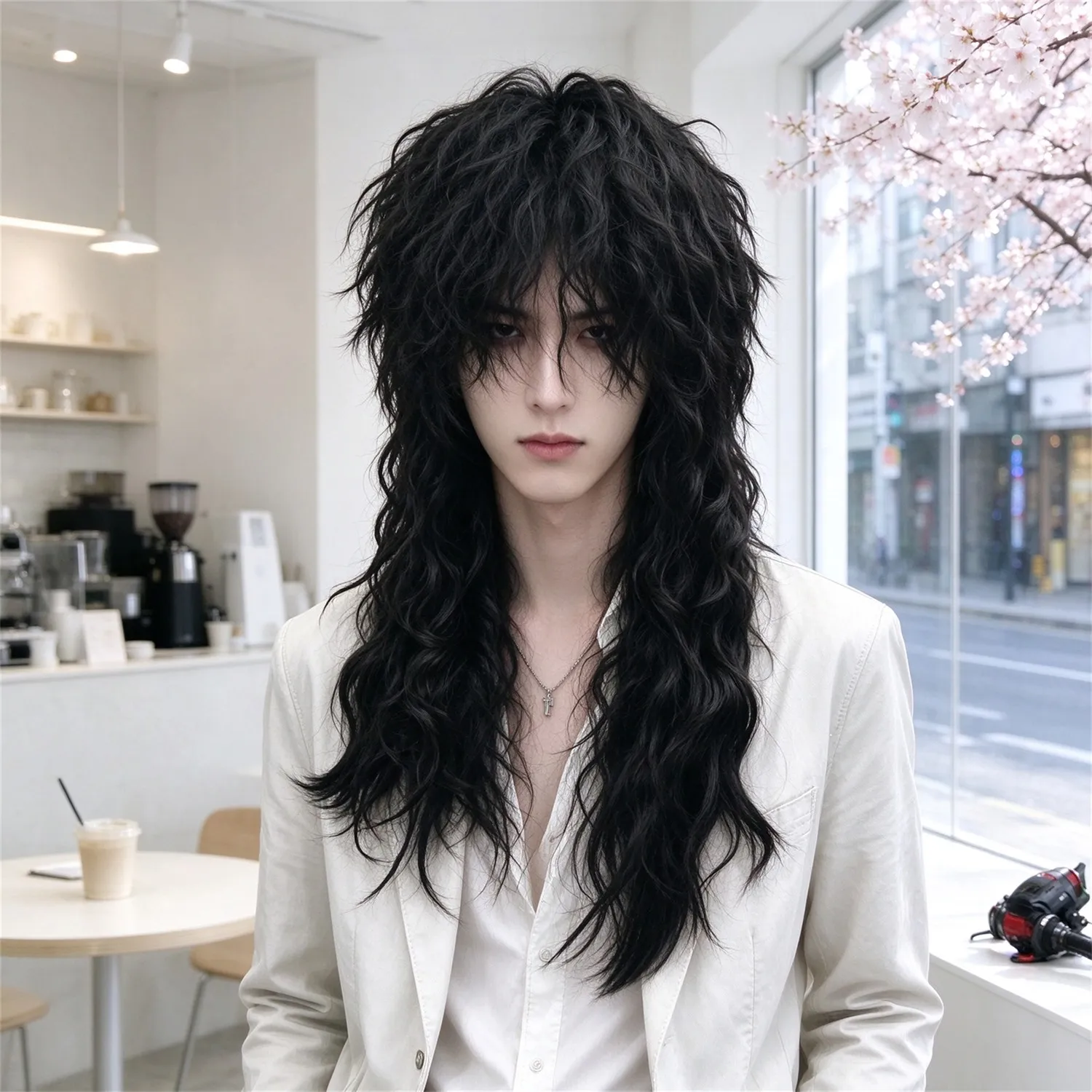 Messy Wave Wig 20 Inch 1B Natural Black Heat Resistant Synthetic Fiber Wig With Bangs For Women, Costumes wigs