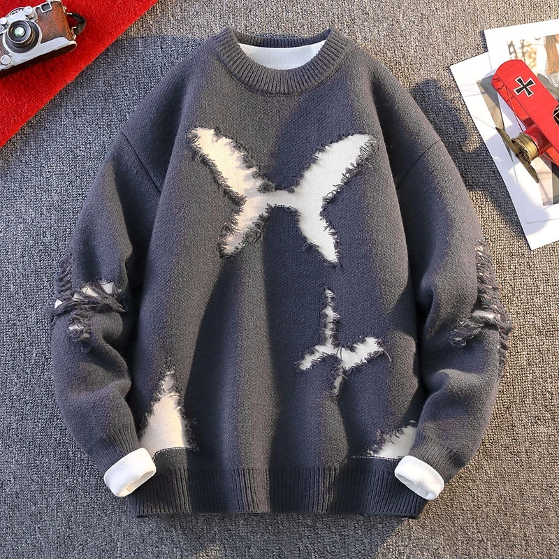 Ripped Sweater Hip-hop Street Men's Crew Neck Knit Vintage Harajuku Butterfly Fashionable Sweater Winter Long Sleeve Sweaters