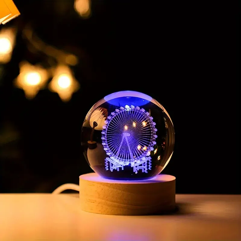 

1шт 3D лазерная гравировка ‌ ‌ ‌ ‌ ‌ ‌ ‌ ‌ ‌ Ночник Dream Ferris с хрустальным шаром, современное украшение из полированного стекла, Рождество, Привет