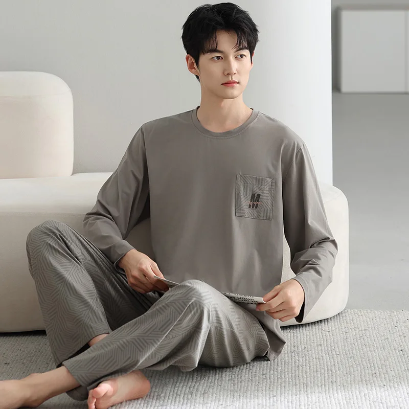 Big Size M-4XL Men Pajamas Set Knited Cotton Sleepwear Male Autumn Long Sleeve Casual Pyjamas