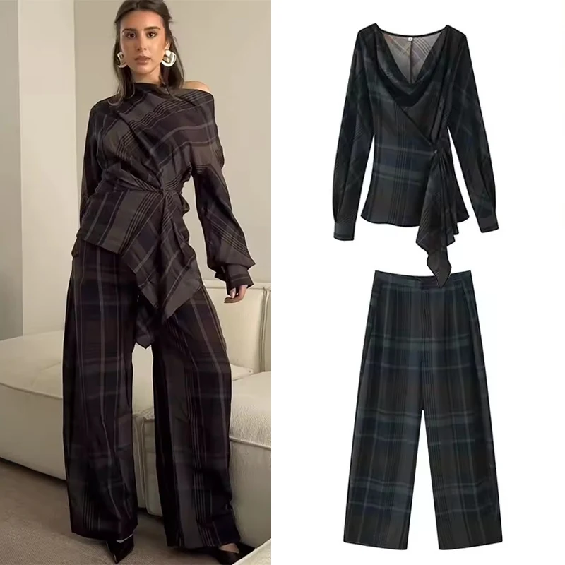 

Повседневные клетчатые брюки, женский комплект, модный плиссированный топ, прямые брюки, комплекты из 2 предметов для женщин, зима-весна 2026, женский наряд