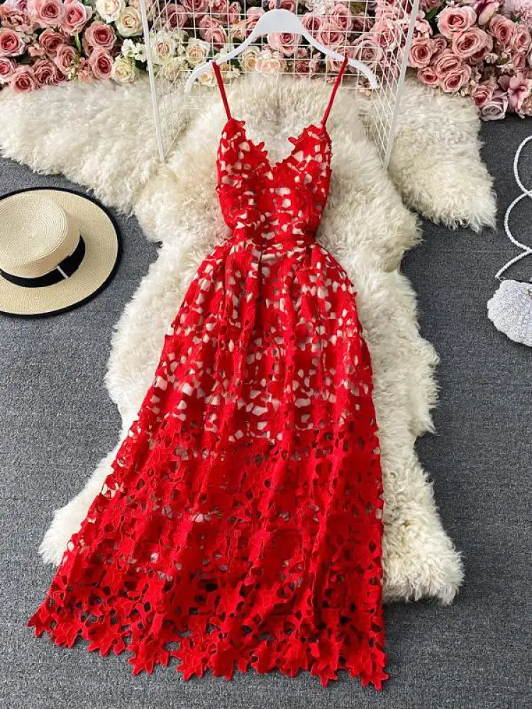 

Lusumily Sexy Long Dress Women Summer Backless Red Party Dresses Female Elegant Hollow Out Dress Lady Vintage Vestidos Robe