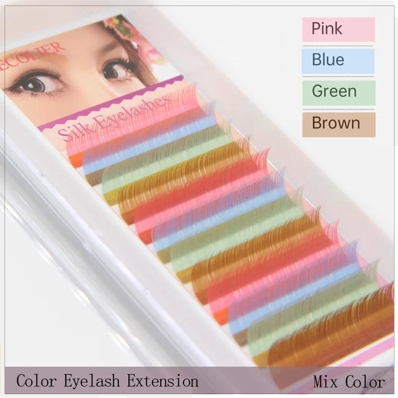 12rows Mixed Color Eyelash Extensions 4 Colors in one tray Multicolor False Lash Light Color Pink /Blue/Green/Brown Fake Eyelash