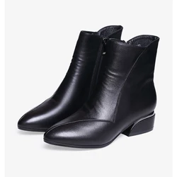 Small Short Boots Soft Leather Thick Heel Medium Heel 2022 Autumn and Winter New Women's Black All-match Comfortable Nude Boots