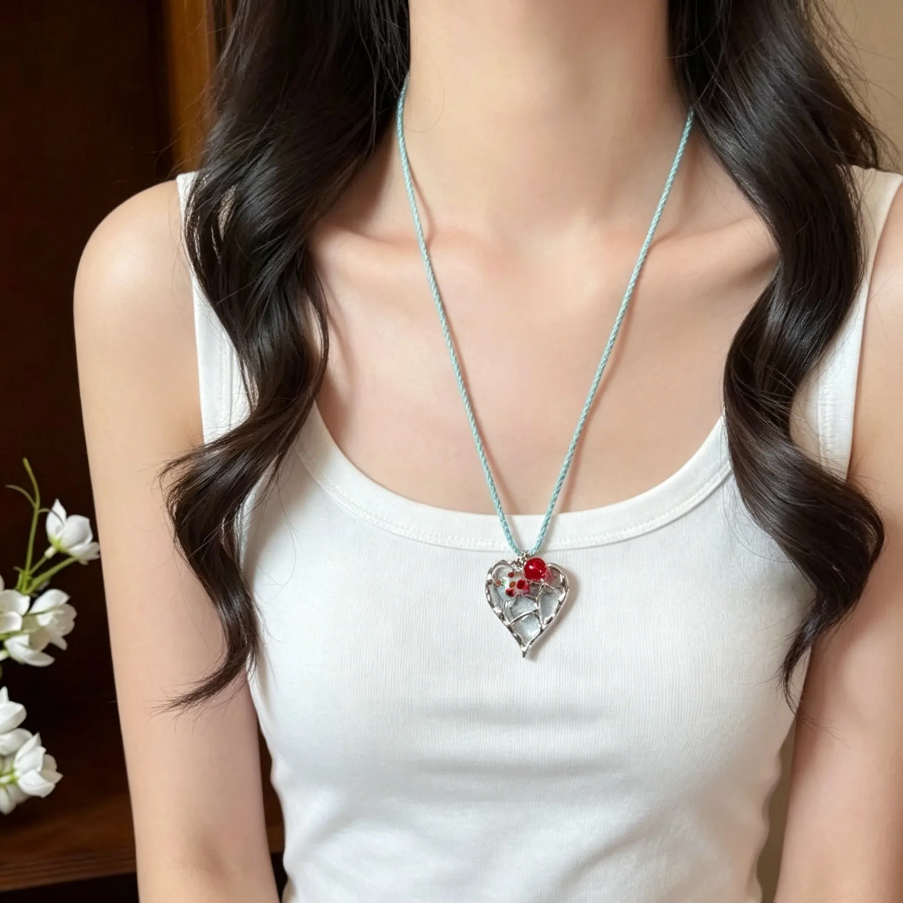 Long String Choker Necklace Hollow Love Blossom Dopamine Sweet Fluid Design Summer Fashion for Women