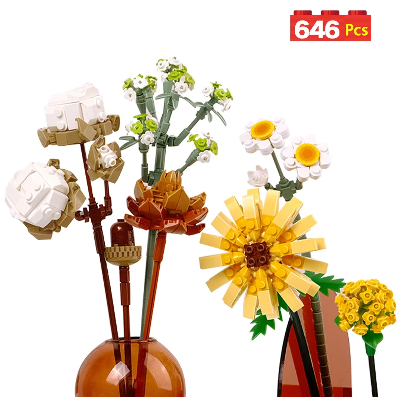 

680pcs City Mini Colorful Flowers Bouquet Rose Flower Building Blocks Friends Romantic Lily Home Decoration Bricks Toys for Kids