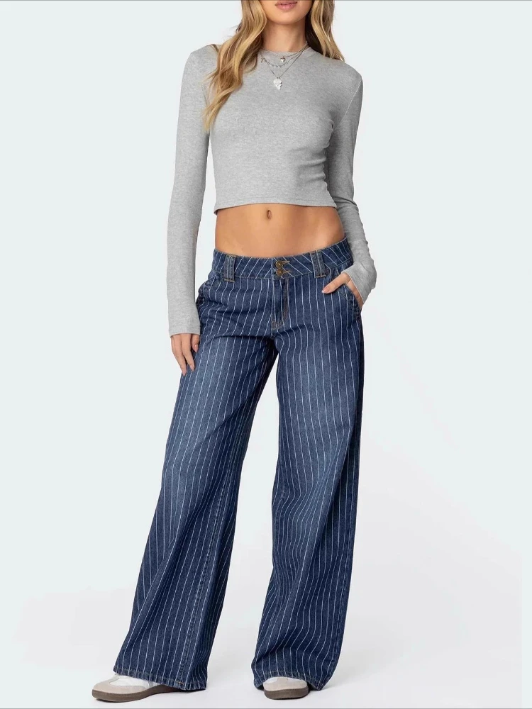HOUZHOU Vintage Niebieskie Jeansy w Paski Damskie Y2k Hip Hop Sprane Proste Spodnie Denimowe Grunge Amerykańskie Retro Street Szerokie Nogawki