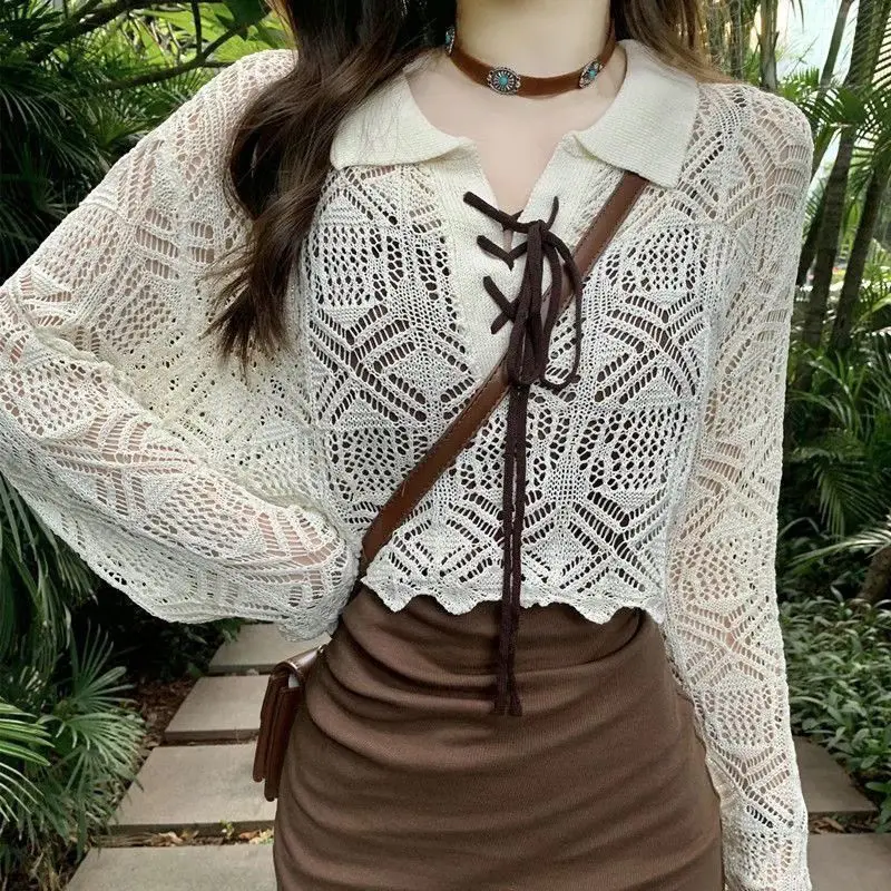 Women's Long Sleeve Hollow out Top Korean Style Loose Fit Sun Protection Shirt Spring Summer College Style Casual Sweater