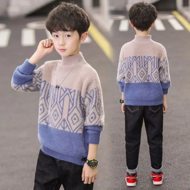 2025 Autumn Winter New Boys' Sweater Fleece-Lined Thickened Mink Cashmere Hooded Base Layer Cozy Trendy Kids' Autumn Clothing