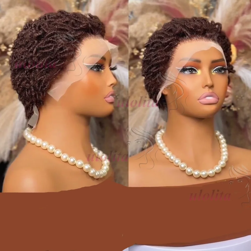 Kurze Pixie-Cut Dreadlocks-Perücken, Schokoladenbraun, Afro-Twists Dreadlocks Lace Frontal Perücke, Faux Locs Geflochtene Haarersatz-Perücken – Detail 2