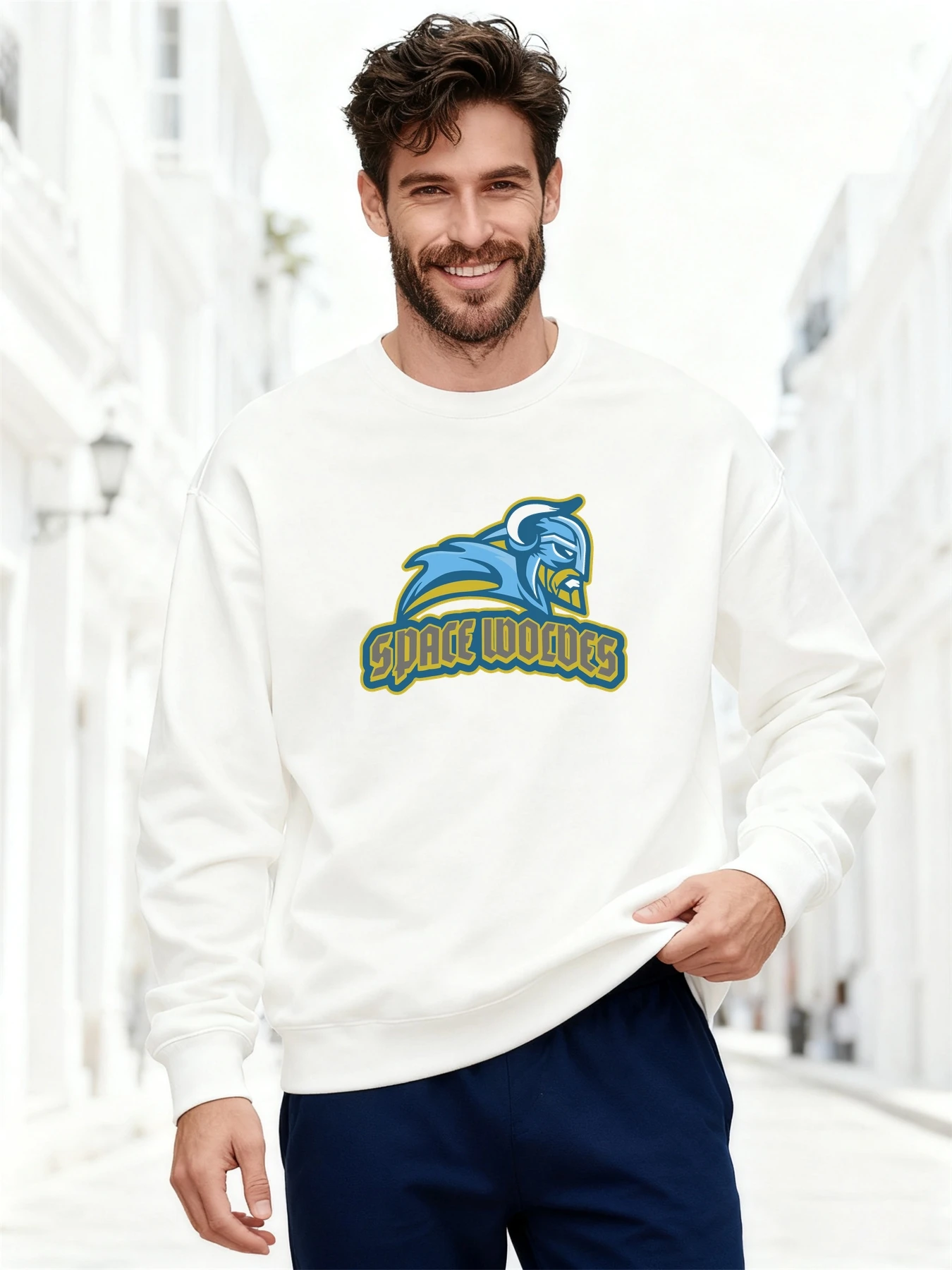 

Men's Sweatshirt 2025 Trending White Crewneck Blue-Yellow Cartoon Wolf Badge Graphic Space Wolves Streetwear Top