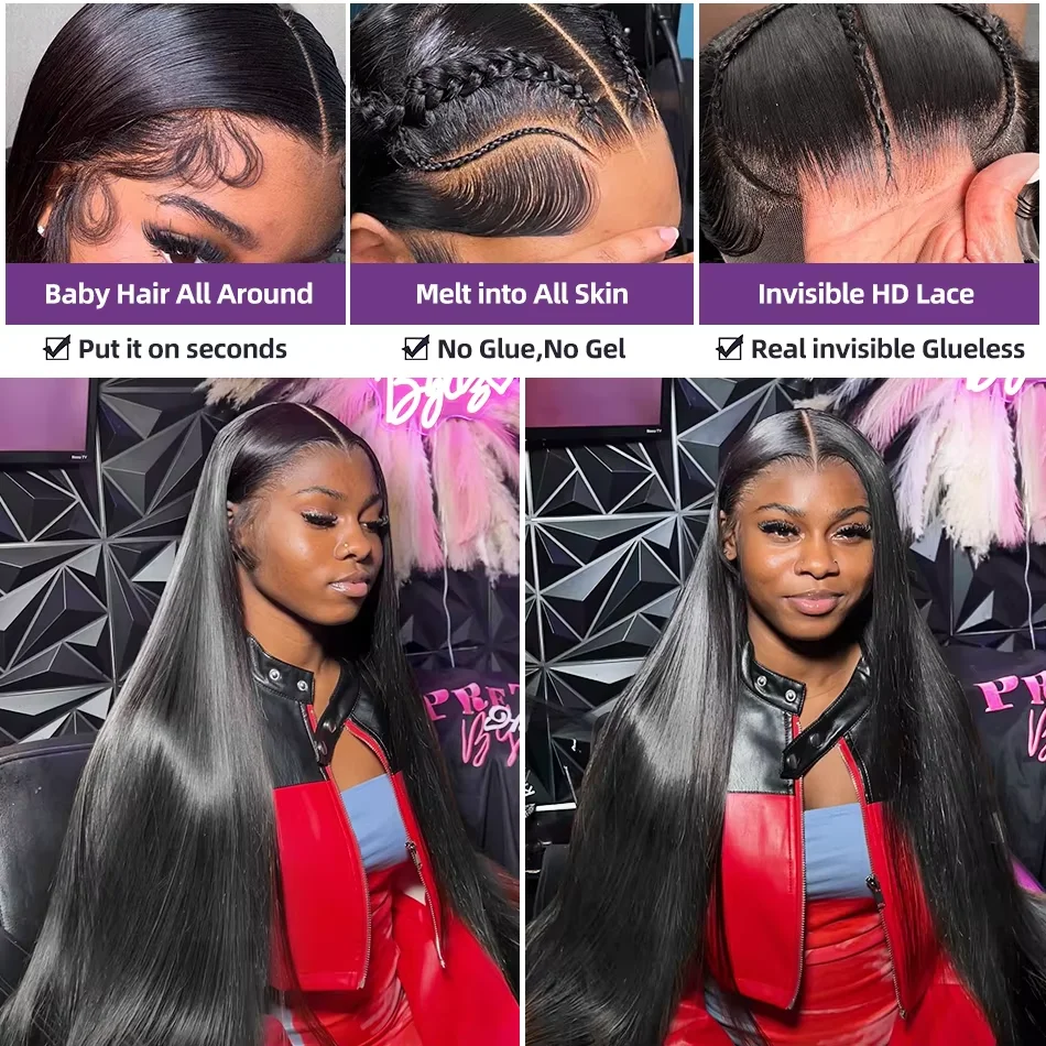 360 Full Lace Front Invisi-Drawstring Wigs Human Hair Bone Straight 13X4 HD Lace Front Wigs Pre Plucked 30 Inch Glueless 5X5 Wig image 5