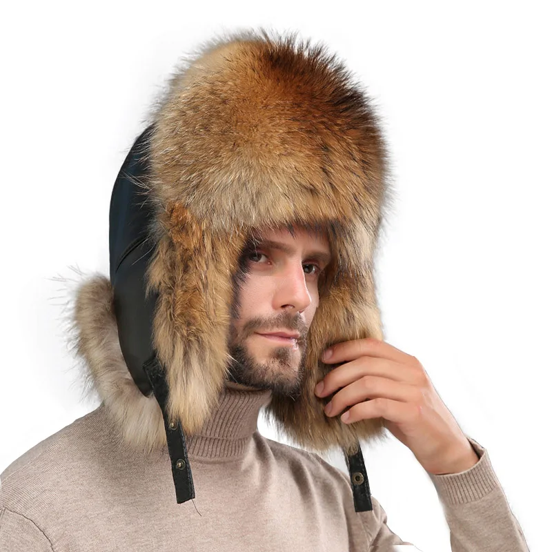 

Winter Men's 100% Real Sliver Fox Fur Bomber Hat Raccoon Fur Ushanka Cap Trapper Russian Man Ski Hats Caps Mens Raccoon Fur Hat