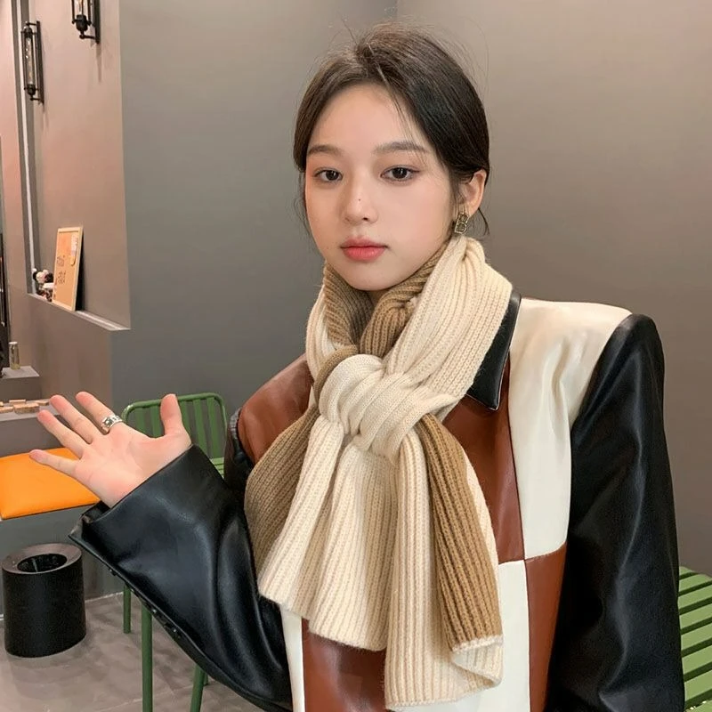 Japanese-style Color-block Short Scarf, Autumn and Winter Cross-knit Neck Warmer, Korean Version for Warmth and Neck Protection