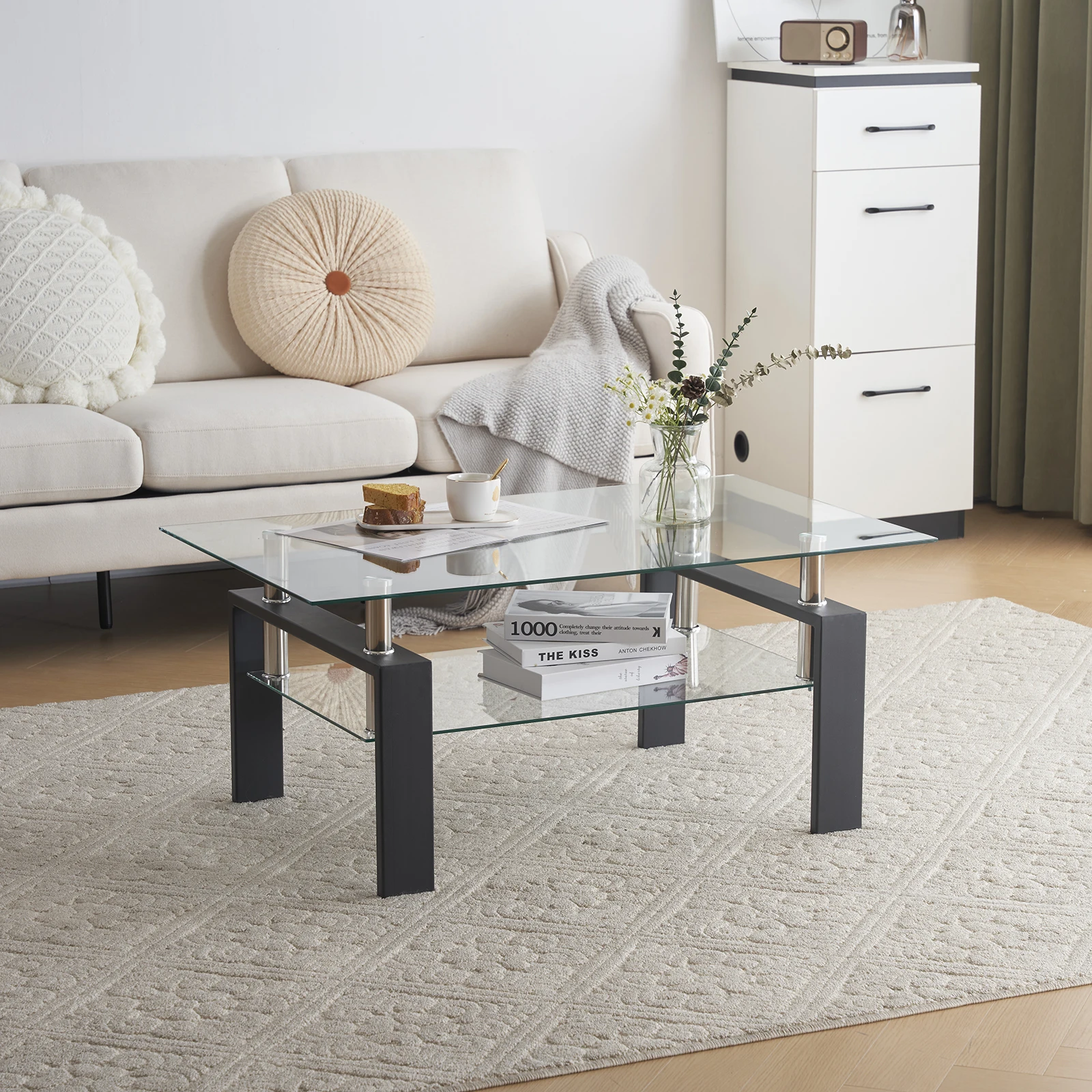 Arc Shaped Two Tiers Tempered Glass Coffee Table