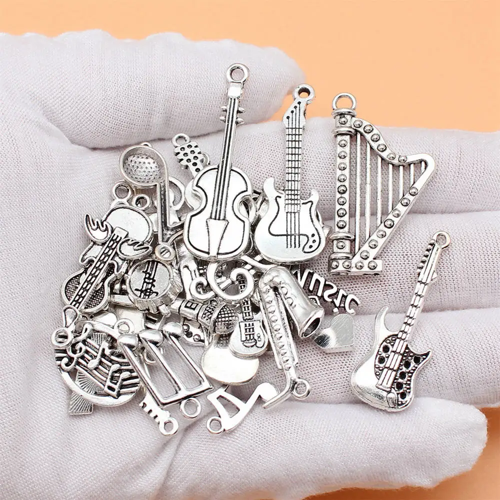 30pcs/lot Music Note Musical Instrument Guitar Violin Harp Microphone Piano Saxophone Charms Collection For Jewelry Making