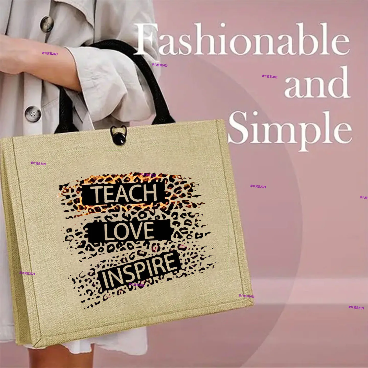 Teach Love Inspire Apple Rose Print Linen Tote Bag Teacher Gift Reusable Shopping Bag Portable Grocery Shoulder Handbag