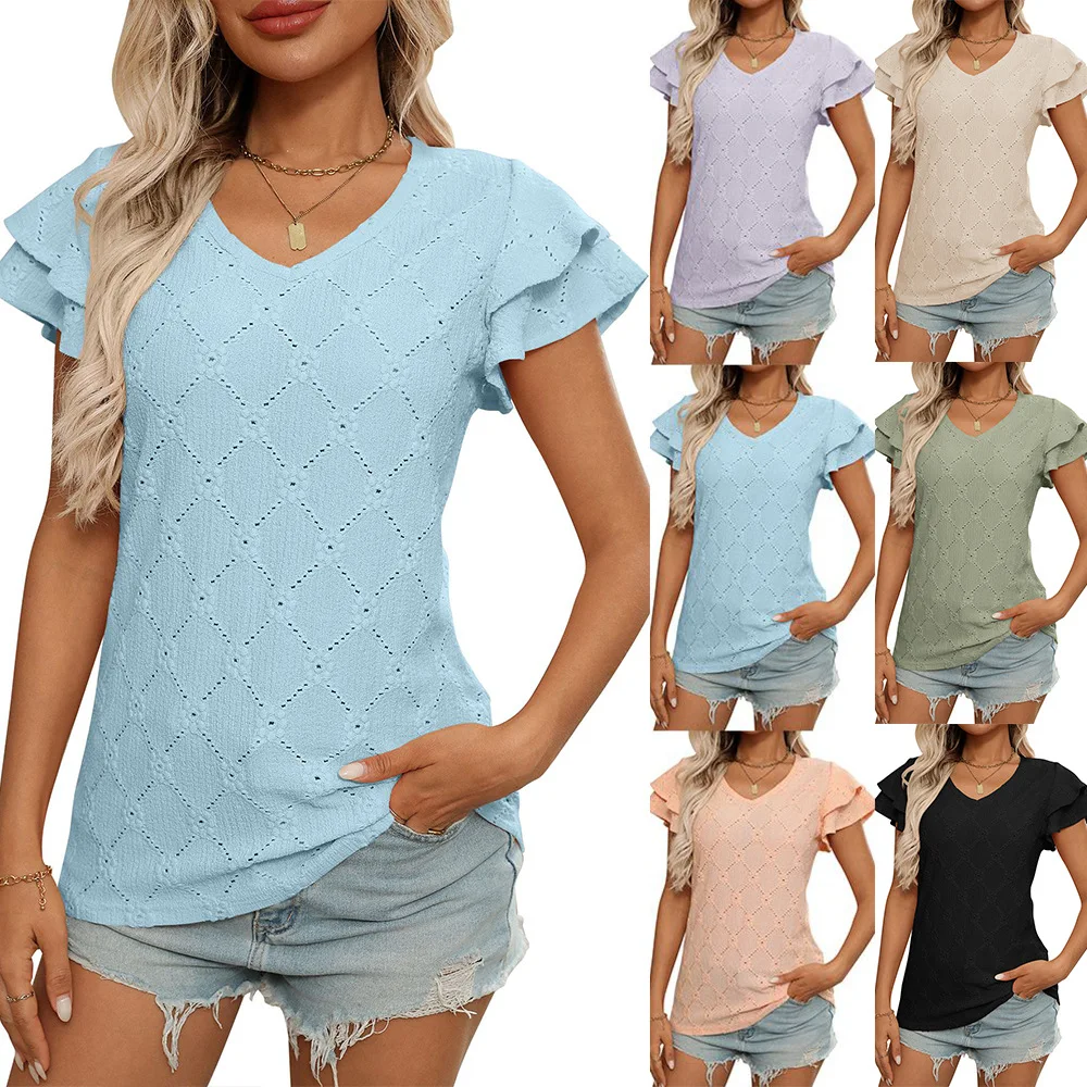 

Fashion Summer Solid Color Shirts Hollow Out Women's Blouses Elegant Ruffles V-Neck Short Sleeve Casual Loose Knit Jacquard Tops
