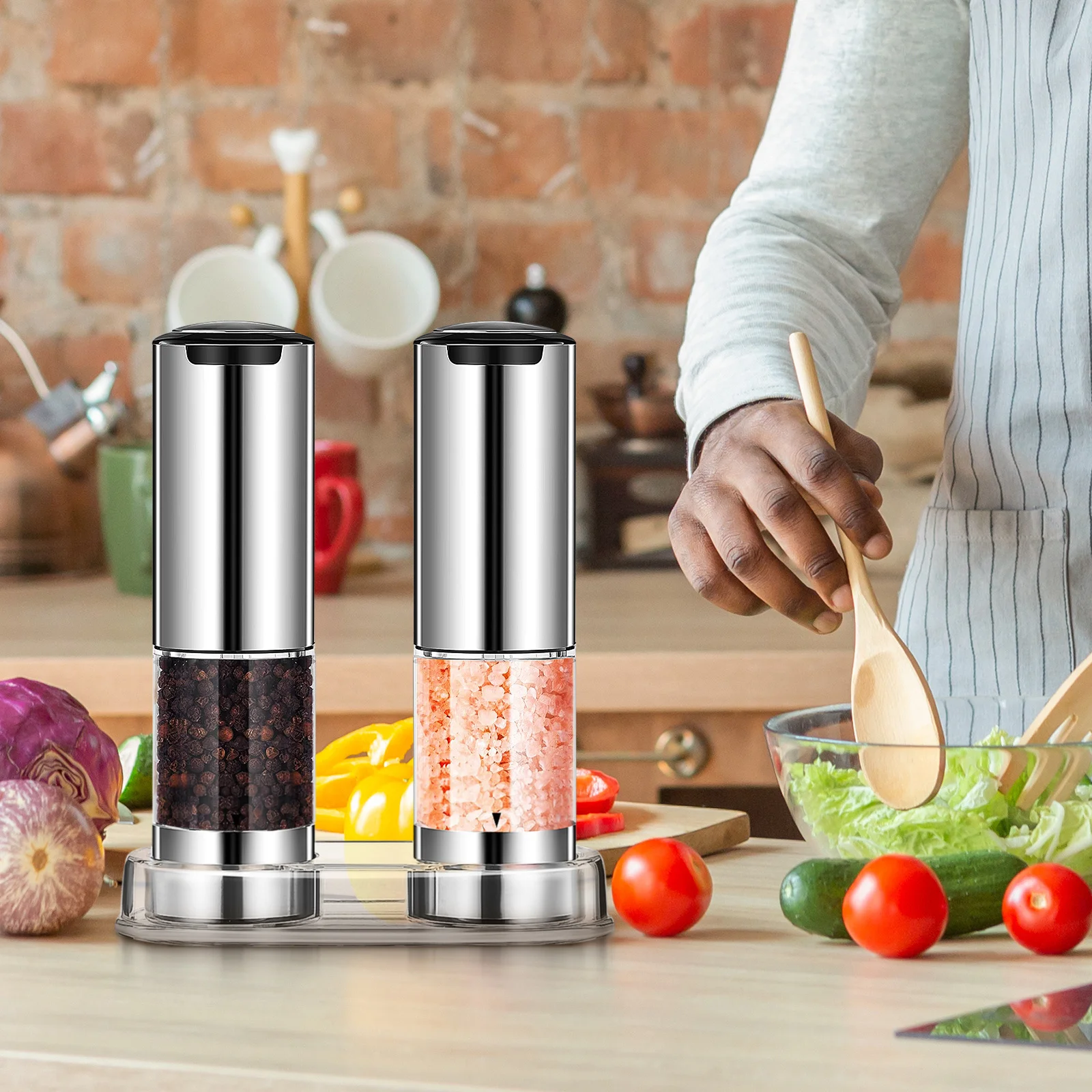 

2Pcs Electric Pepper Grinder Automatic Salt Mill Stainless Steel Rechargeable Transparent Spice Grinder Adjustable Ceramic Core