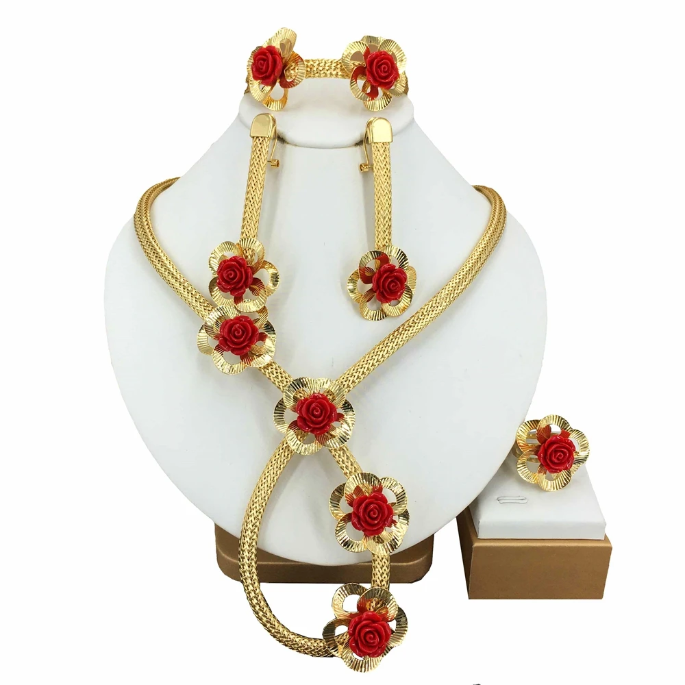 

Fashion Women Jewelry Set Latest Trendy Brazilian Dubai Gold-Plated Wedding Bridal Colorful Flowers Necklace Gifts FHK15616