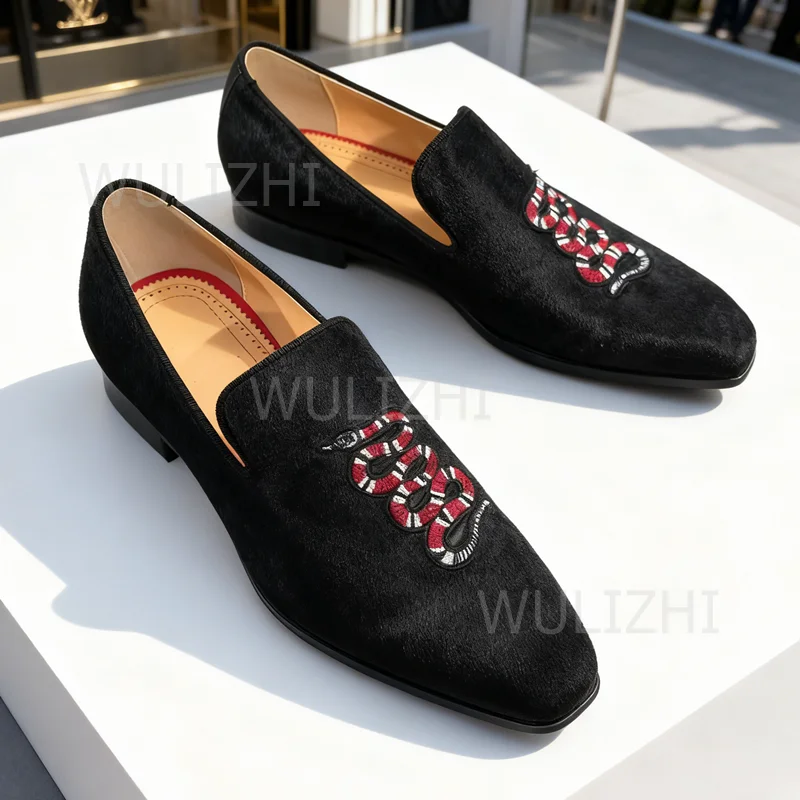 

Men's Loafers Red Black Snake Pattern Flat Mules White Suede Leather Canvas Winter Casual Low-Heeled Sneakers Embroidered Shoes