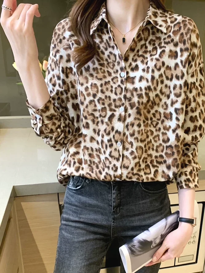 

Fashionable Leopard Print Long Sleeve Shirt Unisex Loose Fit Iron Free Ice Silk Chiffon Printed Open Cardigan Style Breathable