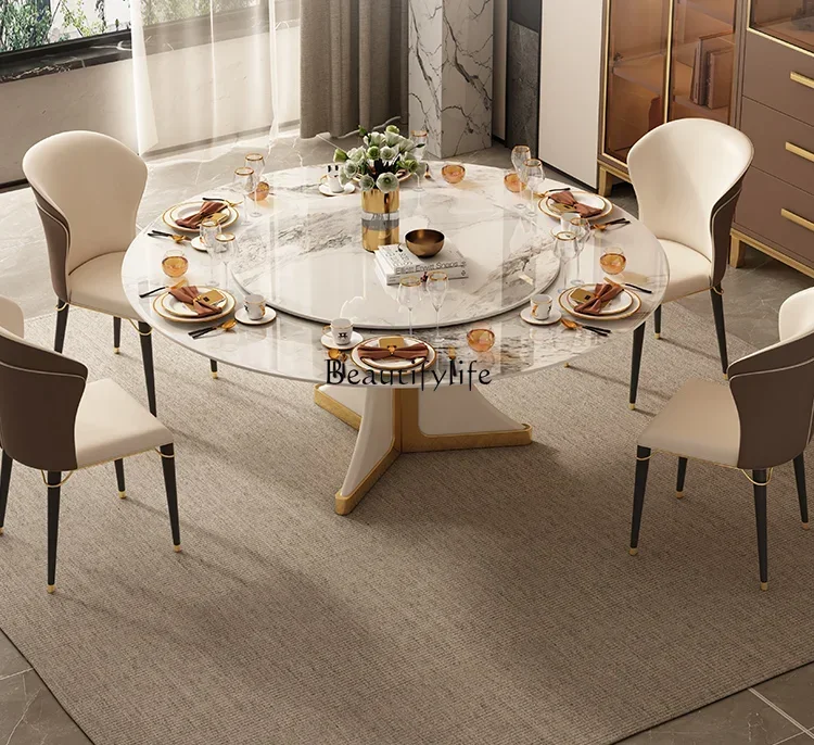 

Imported rock slab round dining table modern simple light luxury high-end bright rotating home