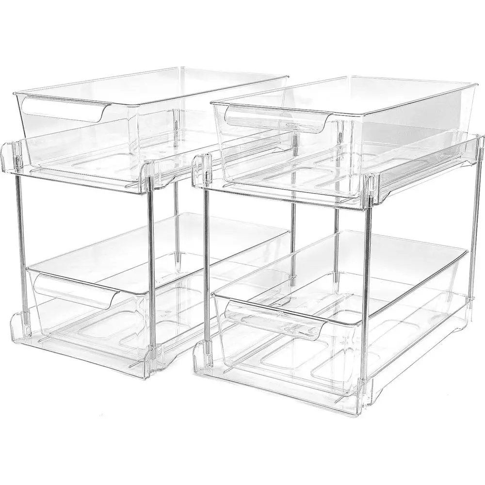 

2 упаковки, 2-уровневый органайзер для хранения в ванной комнате, прозрачные органайзеры под раковиной, контейнер для хранения кухонного туалетного столика, аптечка