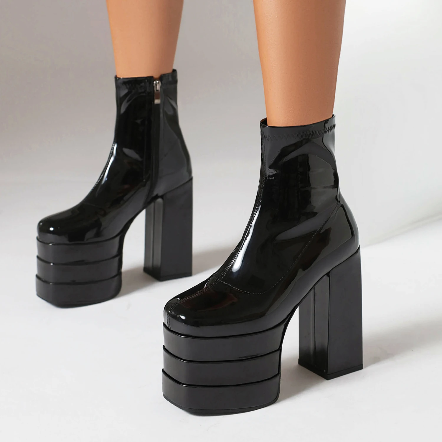 Plus Size Square Toe Three-Layer Ultra-High Platform Hollowed Out Thick Heels Popular Fashion Short Boots Zipper Women's Boots