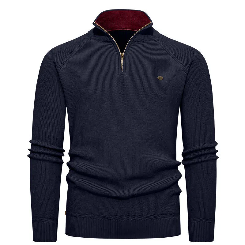 Men's Light Blue Ribbed Knit Half Zip Sweater Stand Collar Casual Pullover