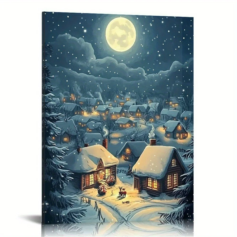 Cadre en toile de paysage de neige d'hiver, peinture murale de village de Noël, éclairage de chalet de nuit enneigé, décoration d'art, ambiance hivernale chaude, 1PC