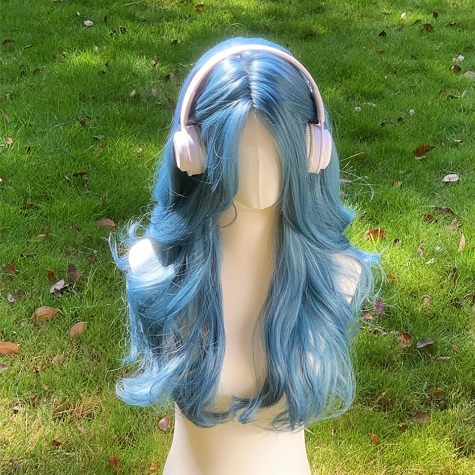 

FORLISEE Sea Blue Color Synthetic Wigs Middle Part Long Natural Wavy Hair Wig For Women Cosplay Drag Queen Party Heat Resistant