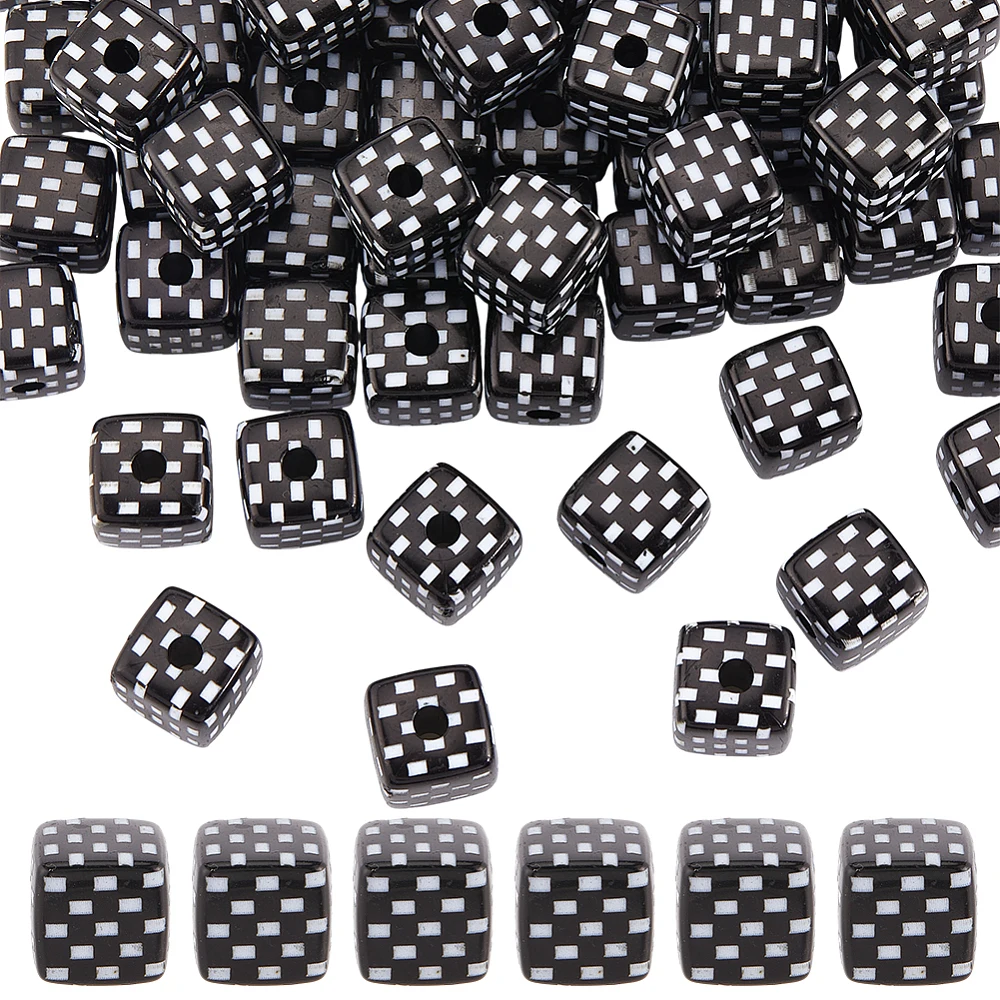 60pc Check Beads Black Square Bead with Chequer Acrylic Loose Charms Spacer Assorted Beads Bulk for Crafts Earrings DIY Projects