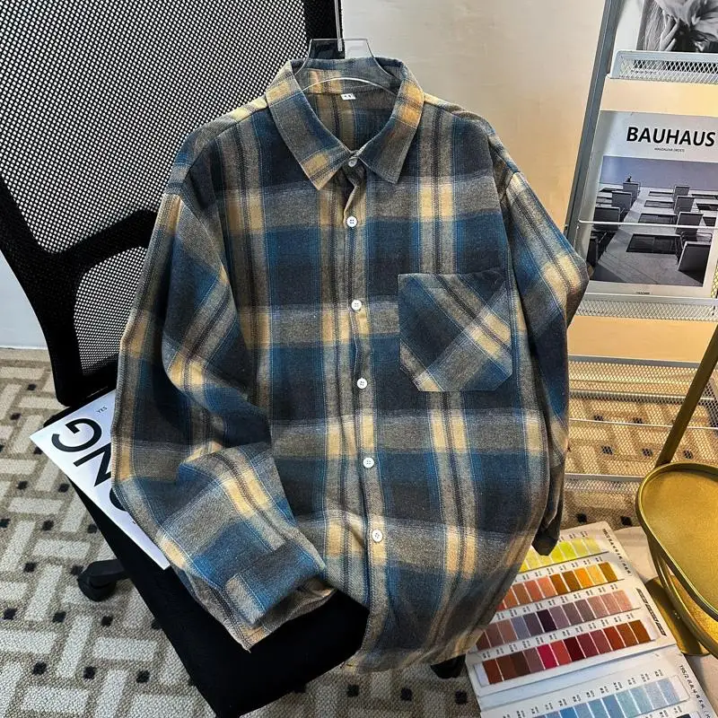 

Japanese Style Long Sleeve Plaid Shirt Unisex Retro Hong Kong Style Couple Match Casual Loose Fit Youth Fashion Autumn Wear