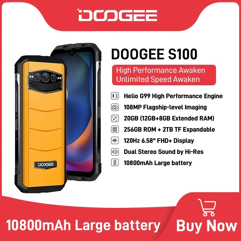 

World Premiere DOOGEE S100 Rugged Phone 6.58" 108MP Camera Cellphone 12GB+256GB 120Hz Helio G99 10800mAh Battery 66W Fast Charge