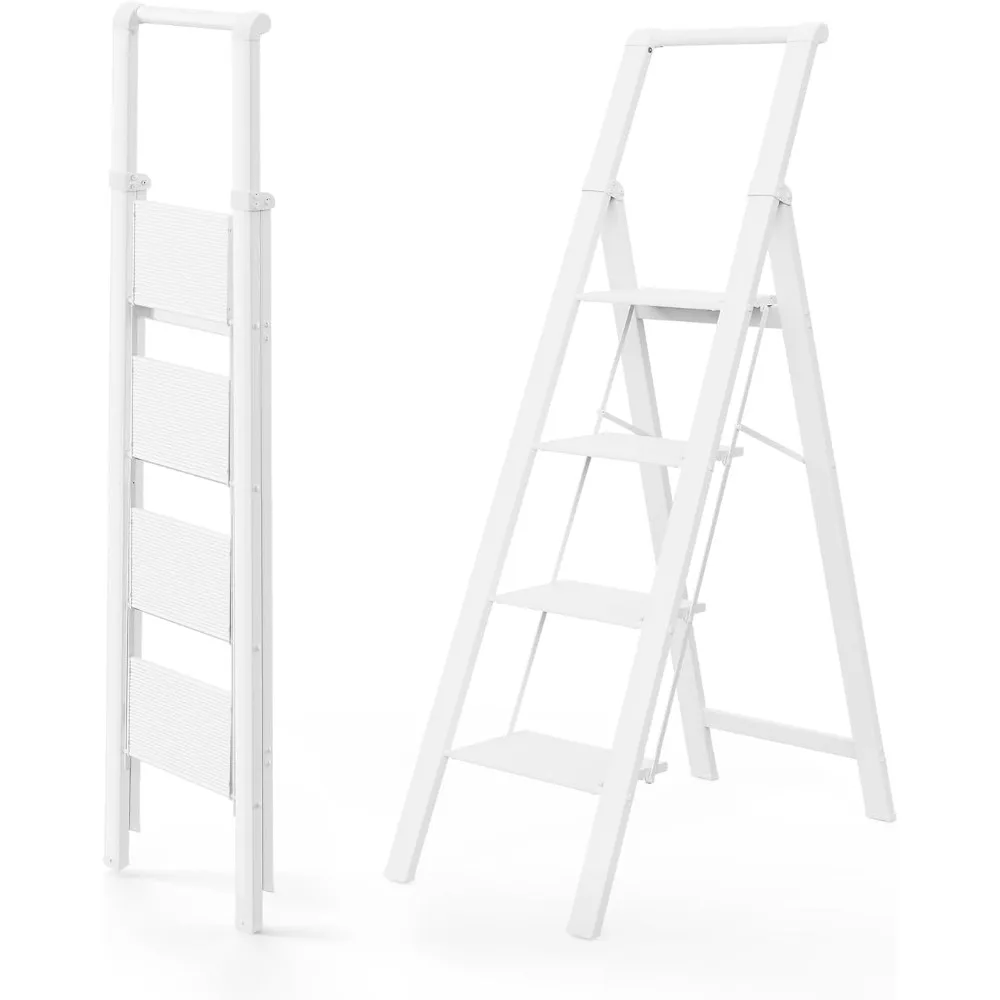 4 Step Folding Ladder with Wide Anti-Slip Pedals, Lightweight Portable Kitchen Step Stool with Handgrip, Capacity 300 Pounds