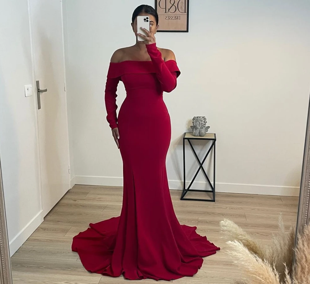 

Off-Shoulder Prom Gowns Occasion Dress Mermaid Party Vestidos Women Elegant Pleated Satin Red Ruched Simple Evening Dress