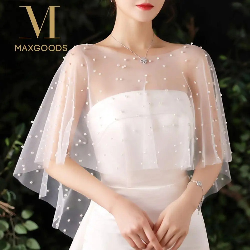 Fashion Lace Bride Wedding Dress Shawl Party Jacket Wraps Dress Decor Pearl Cape Soft Short Shawl For Women Dress