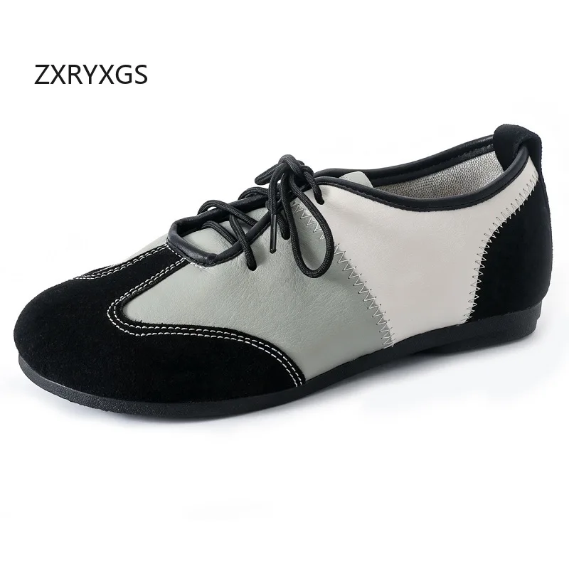ZXRYXGS Soft Cowhide Spell Color Women Flats Fashion Casual Sneakers 2026 Autumn Lace-up Genuine Leather Shoes Flat Trendy Shoes