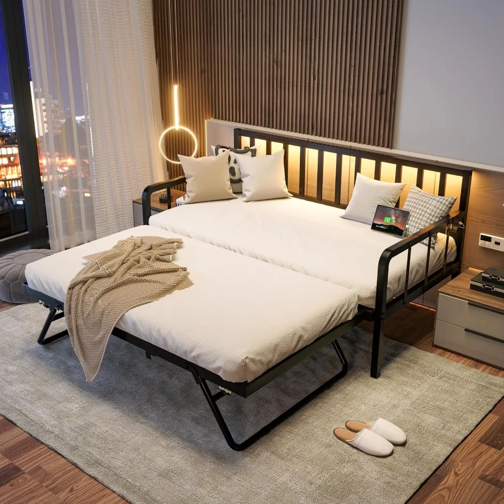 Daybed with Trundle Bed, Twin Bed Frame with Charging Station and LED Lights, Metal Sofa Day Bed with Pop Up Trundle and Steel