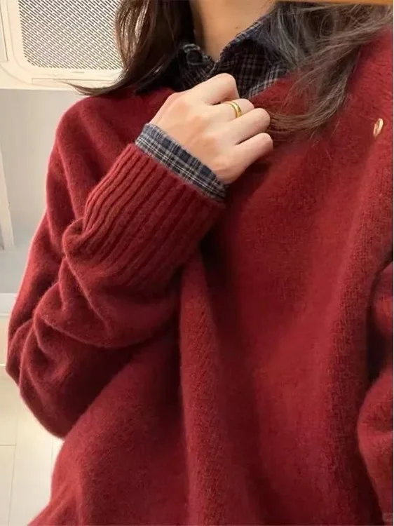 

Korean Sle round Ne Red Sweater Women's Loose Comfortable Overhead Faion Lazy Knitted Top Soft Long Sve Color