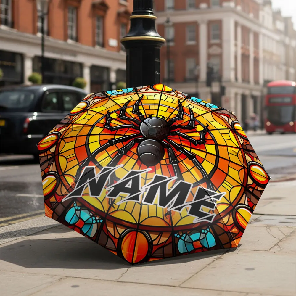 Custom Name umbrella, Stained Glass Spider Design Fashion Folding Umbrella for Sunny and Rainy Days, Christmas Gift